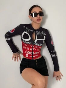 SHEIN DivaQ Top corto de manga larga con cremallera y gráfico de carreras, para salir de noche - Negro - Ver 1