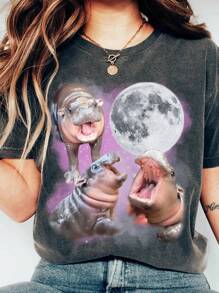 INAWLY Cute Hippo & Crescent Moon Print Round Neck T-Shirt, For Hippo Lovers - Grey - View 1