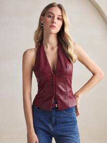 BizChic Women's Red Turtle Neck Sleeveless Top, Office/Commuter Wear, Elegant For New Year, Spring & Summer