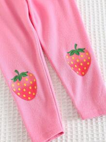 女婴情人节心形和草莓图案撞色柔软针织圆领长袖上衣和松紧腰打底裤 2 件套休闲/运动套装 - 彩色 - 查看 6