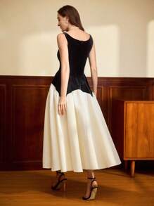 Vintamour Váy dự tiệc chữ A xếp nếp bằng vải nhung và satin màu tương phản cổ điển cho nữ Váy dự tiệc trang trọng Quần áo Giáng sinh Ngày lễ tình nhân Ngày lễ tình nhân Váy dự tiệc ngày lễ tình nhân - Nhiều màu - Xem 4