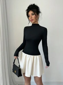 Selianne Women's Elegant Color Block Ruffle Hem Stand Collar Short Dress, Spring/Autumn Fall Cloth For Women - Black - View 5