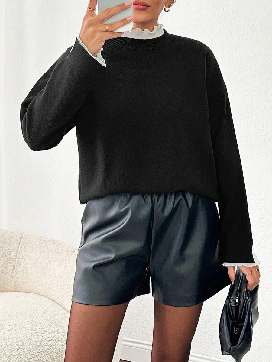 SHEIN Cottnline Plain Ruffled Hem Knit Pullover Sweater, Casual & Fashionable Everyday Wear - Black - View 1