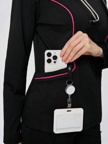Scrubzie Top de uniforme de enfermera / mujer con bloques de color de manga larga y efecto humectante en rosa rojo y negro