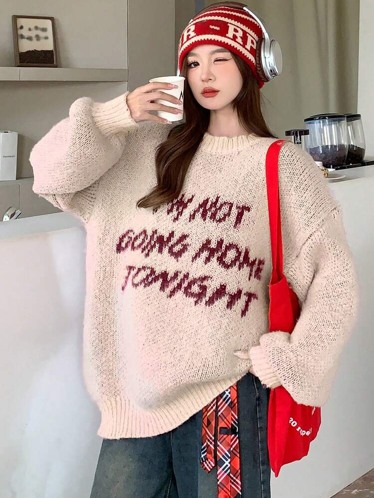 Women Crew Neck Contrast Letter Design Casual Knitted Sweater, Autumn,Fall Women Clothes Christmas,New Year