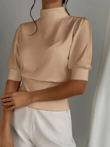 Firerie Women's Solid Color Stand Collar Waist Cinched Bubble Sleeve T-Shirt, Elegant And Suitable For Going Out In Spring And Summer