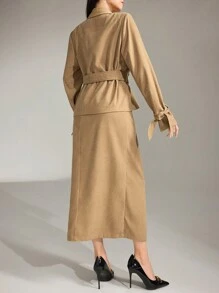 Heiryn 2pcs Women's Set: Solid Color Blouse And Skirt With Double Buttons 2 Pieces Set - Brown - View 4