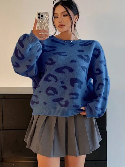 Flirla 大码豹纹宽松针织落肩圆领毛衣，秋冬针织套头衫