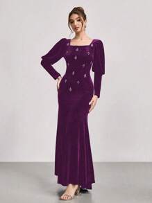 SHEIN Belle Rhinestone Embellished Velvet Long Sleeve Mermaid Dress, New Arrival Stage/Banquet/Party Slimming Gown, Wedding Guest Dress