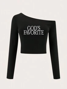 SHEIN Unity Women's Asymmetric Long Sleeve "God's Favorite" Cropped T-Shirt, Black, Spring - Black - View 1