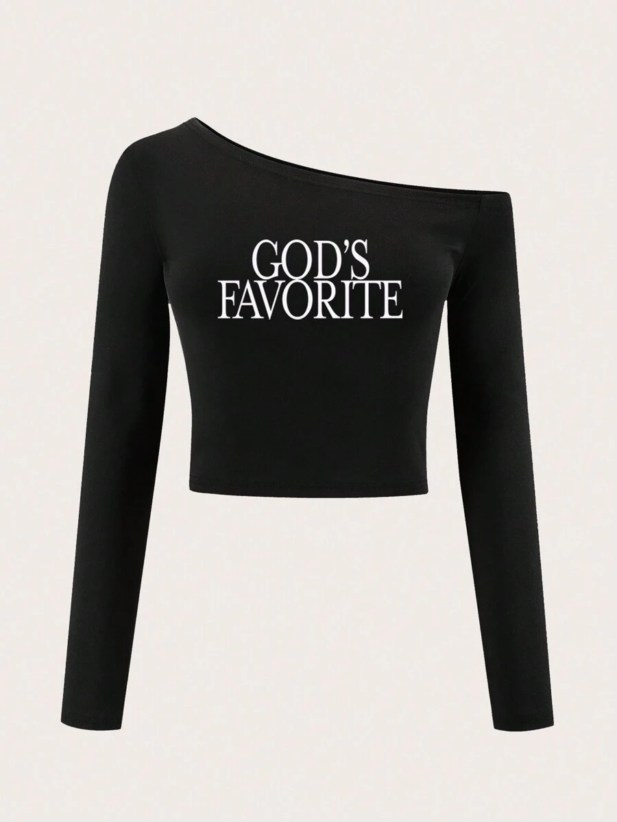 SHEIN Unity Women's Asymmetric Long Sleeve "God's Favorite" Cropped T-Shirt, Black, Spring - Black - View 1