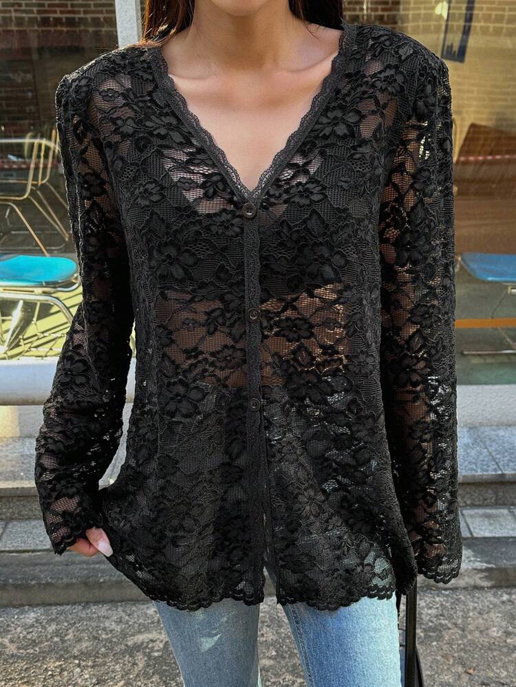 Women's Solid Color Black Front Button Lace Trim Long Sleeve Casual Black Top Sheer,Fall Women Clothes