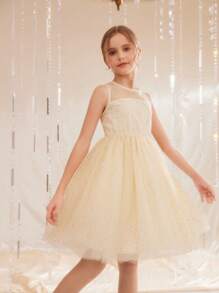 SHEIN Girls' Round Neck Sleeveless Mesh Splice A-Line Dress, Multi-Layers Ruffle Waisted, Suitable For Valentine's Day, Wedding, Birthday Party, Prom, Graduation - Champagne - View 4