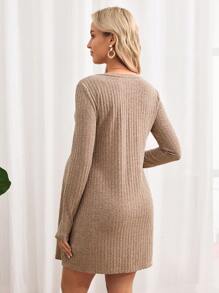 SHEIN Maternity Ribbed Knit Knot Front T-Shirt, For Autumn - Khaki - View 2