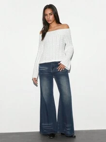 SHEIN Unity 1pc Women's White Off Shoulder Textured Knit Fitted Flare Sleeve Sweater, Casual & Stylish For Autumn/Winter Knit Pullover Fall Sweater - White - View 5