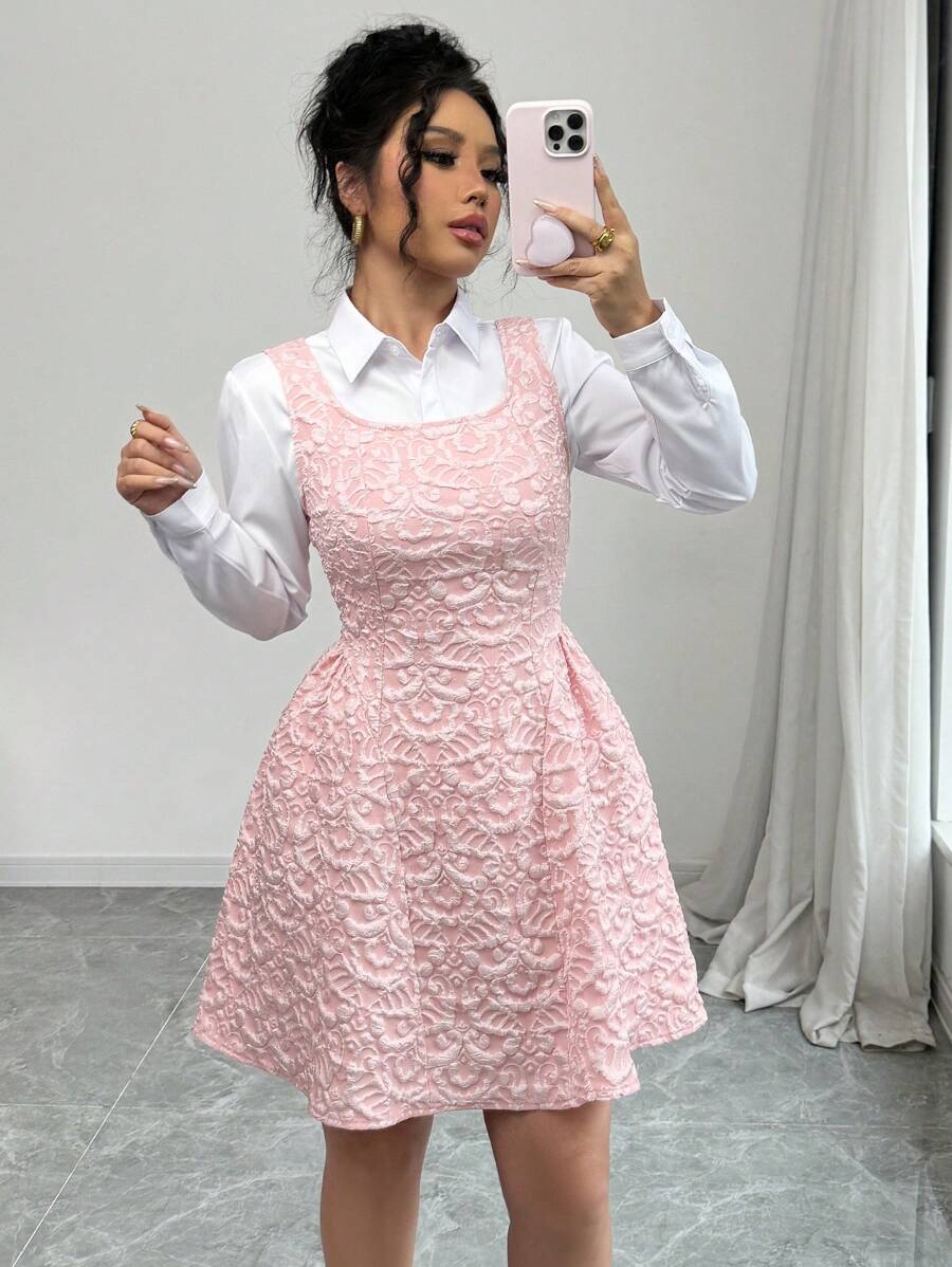 Elenzga Váy chữ A thanh lịch dập nổi Jacquard cho nữ - Hồng - Xem 1