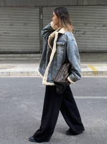 DAZY 女士休闲日常拼接流苏保暖牛仔外套，秋冬季，保暖内衬 - 中等水洗藍 - 查看 9