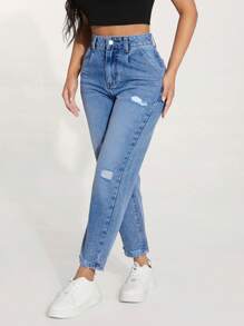 SHEIN PETITE Women's Loose Fit Straight Leg Ripped Pocket Casual Denim Jeans