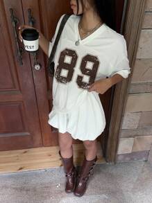 Muchica 休闲简约V领宽松短袖运动衫，89数字印花图案T恤，适合夏季