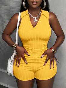 Slaydiva New Casual Streetwear Ribbed Knitted Bodycon Short Jumpsuit - Yellow - View 5
