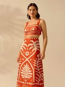 CAJUNI 2 件套女式夏季假期阳光和椰子树印花短款吊带上衣和修身长裙绿色休闲热带波西米亚风套装 - 橘色 - 查看 3