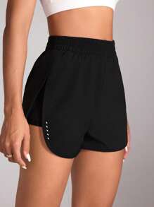 SHEIN Sports 高腰宽松防擦伤跑步短裤，健身性感收腹瑜伽短裤女士运动短裤，健身短裤，骑行短裤 - 黑色 - 查看 3