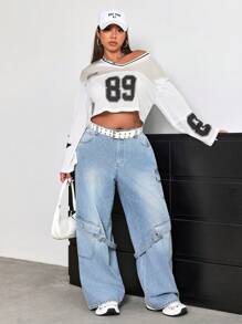 SHEIN EZwear Quần Cargo thiết kế túi trước có nút cỡ lớn, mặc thường ngày - Rửa nhẹ - Xem 3