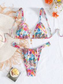 SHEIN Swim Women's Fashion Print Hollow-Out Backless Spaghetti Strap Beach Outfit & Swimwear Sets, Vacation For Summer Beach Vacation - Multicolor - View 4
