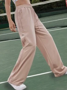 Easithlete 女士休闲抽绳腰斜口袋条纹饰边宽松阔腿运动裤 - 粉色 - 查看 1