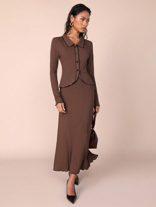 COSMINA 2pcs Women Brown Knitted Vintage Top And Skirt Set, Autumn/Winter