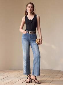 MOTF PREMIUM FLORAL EMBROIDERED STRAIGHT LEG JEANS,SPRING/SUMMER