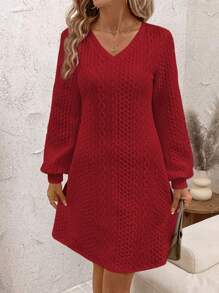 SHEIN Clasi Women's Solid Color V-Neck Long Sleeve Casual Short Dress, Autumn