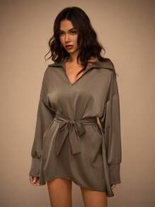 Forever 21 Elegant Commuter Gray-Green Lace-Up Mini Dress - Green - View 1