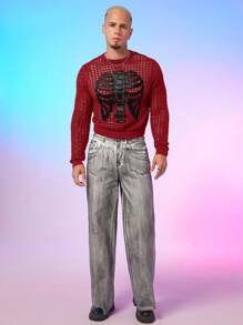 FeverCity Men's Skeleton Print See-Through Crew Neck Sweater, For Fall Winter - Multicolor - View 3