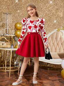 SHEIN Tween Girls Elegant Red Heart Print Gigot Sleeve T-Shirt And Metal Button Decor Ruffle Hem A-Line Skirt 2 Pieces Set