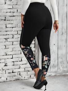EMERY ROSE Plus Size Women Floral Print Patchwork Leggings For Autumn/Winter,Winter Clothes For Women
