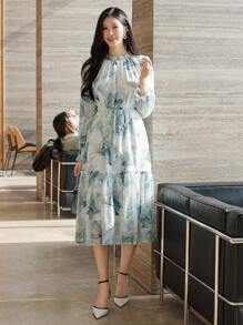 DAZY Vestido de manga abullonada de longitud media con estampado floral elegante de gasa para mujeres, vestido de primavera y otoño de manga larga