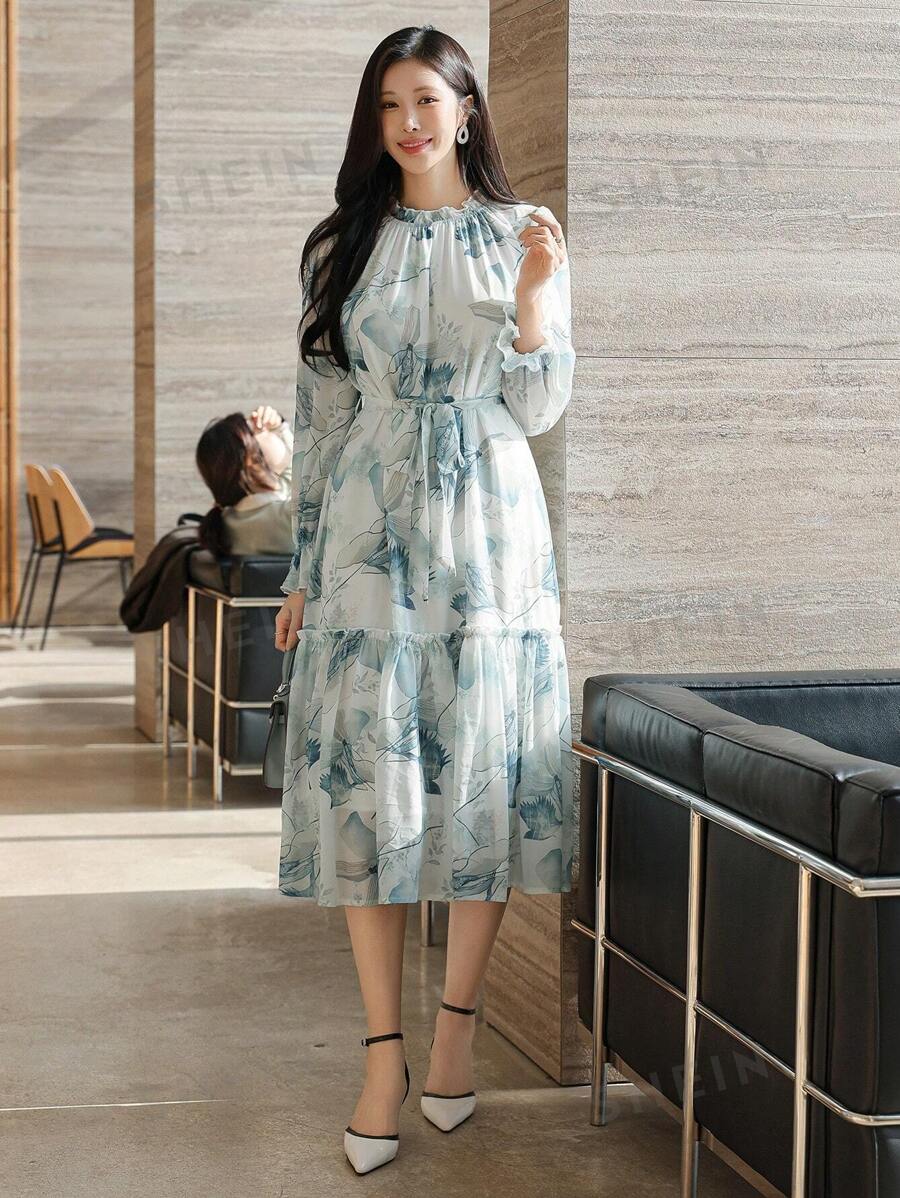 DAZY Vestido de manga abullonada de longitud media con estampado floral elegante de gasa para mujeres, vestido de primavera y otoño de manga larga