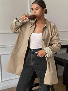 Livesso Abrigo de mujer tipo gabardina de corte holgado con parches de colores contrastantes, ropa de otoño