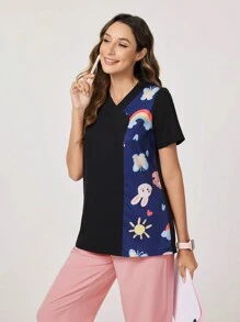 TaskEZ Solid Color Splicing V-Neck Short Sleeve Casual Scrub Uniform Top Nurse Dresses Scrub Tops Scrub Bottoms Lab Coats Scrub Outwear Running Nurse & Uniform Scrubs Handwashing Pocketed Breathable