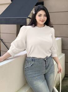 Dazy Plus Plus Size Women's Material Patchwork Bowknot 3/4 Sleeve Blouse, Spring Summer Autumn - White - View 3