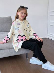 SHEIN 2 件/套 Tween 女孩休闲运动街头服饰涂鸦、卡通心形和英文图形宽松超大长袖连帽衫和罗纹紧身慢跑裤，适合春季、秋季、冬季、家居服和户外穿着 - 黑色 - 查看 4