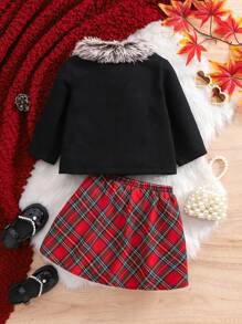 SHEIN 2pcs Baby Girl Winter Cute Black Overcoat With Fur Collar And Plaid Skirt Outfit - Black - View 2