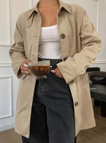 Livesso Abrigo de mujer tipo gabardina de corte holgado con parches de colores contrastantes, ropa de otoño