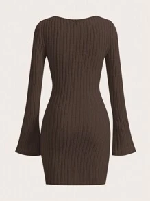 SHEIN EZwear 大码女式圆领长袖简约休闲短款连衣裙 - 咖啡棕 - 查看 2