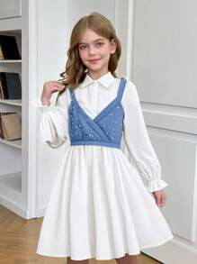 SHEIN 青少年女孩梭织翻领开襟荷叶边袖长袖修身衬衫裙和梭织串珠吊带背心两件套，适合春季外出、返校