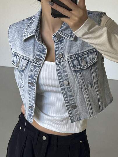 DAZY 女士超短磨边牛仔背心