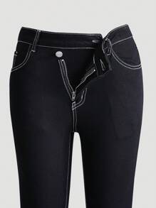 SHEIN Teen Girl New Black Contrast Stitching Flare Jeans - Black - View 3