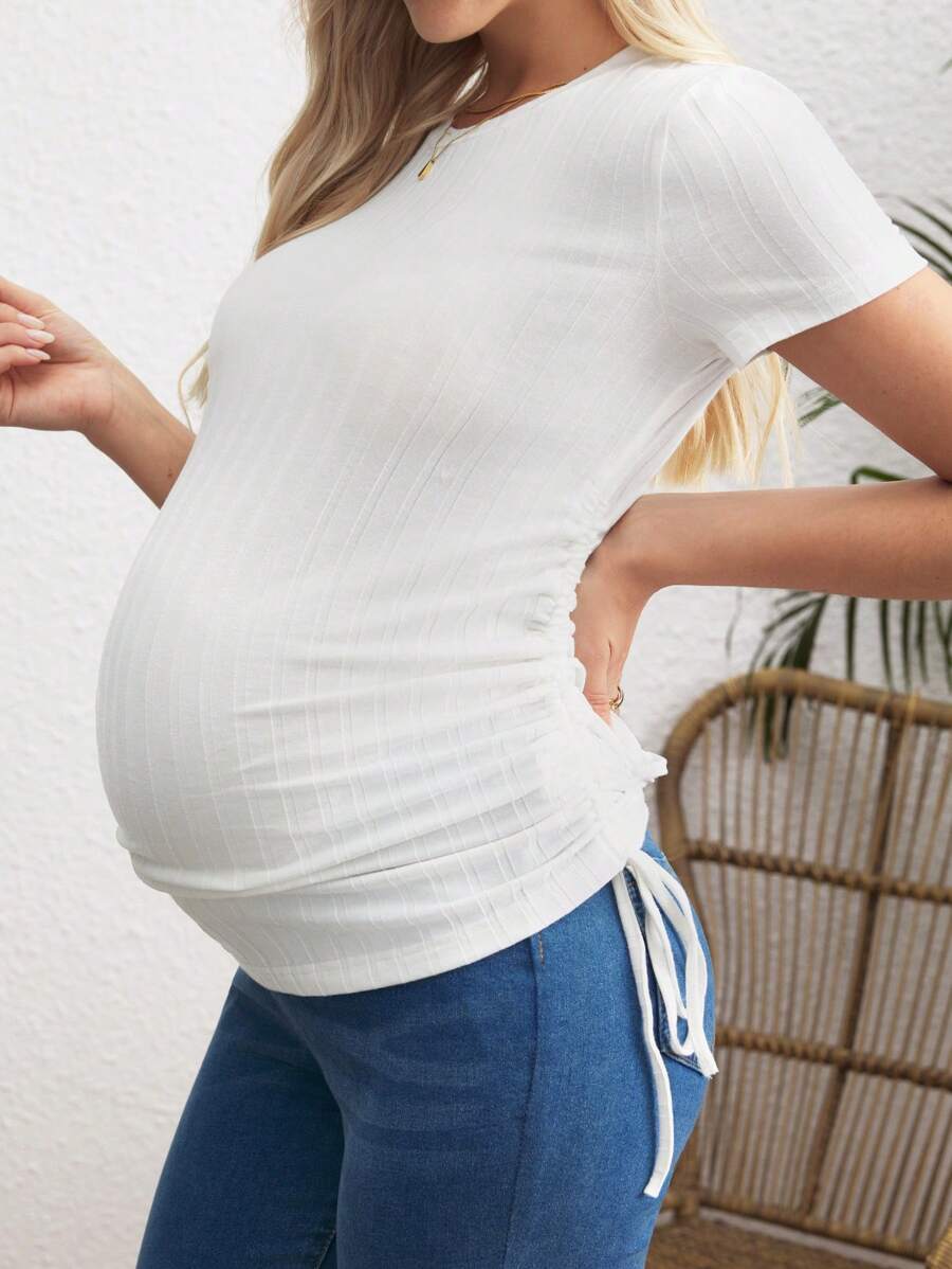 SHEIN Pregnancy T-Shirt With Bowknot Strings, White - White - View 1