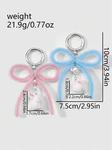 ROMWE Kawaii 2pcs Ins Style Cute & Delicate Fashion Highly Attractive Pink + Blue Flocked Twist Bow Bunny Pendant Keychain & Keyring, Combo Set Suitable For Sisters, BFFs, Couples, Friends, Daily Wear, Holiday Gift
